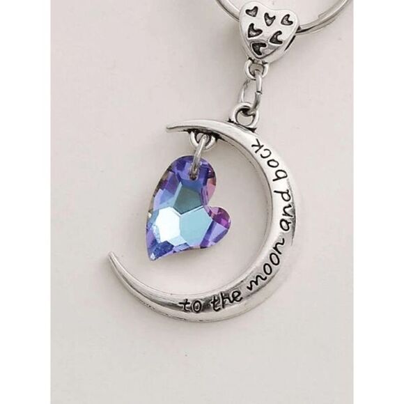 SILVER CRESCENT MOON MULTICOLOR HEART SLOGAN KEYCHAIN "TOO THE MOON AND BACK" - Picture 3 of 3